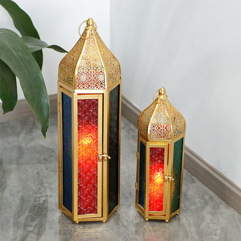Set of 2 Decorative Ramadan Candle Lanterns - Metal, Tempered Glass, Hanging Tealight, Moroccan Style, Indoor/Outdoor Party Decor Lootquake LLC