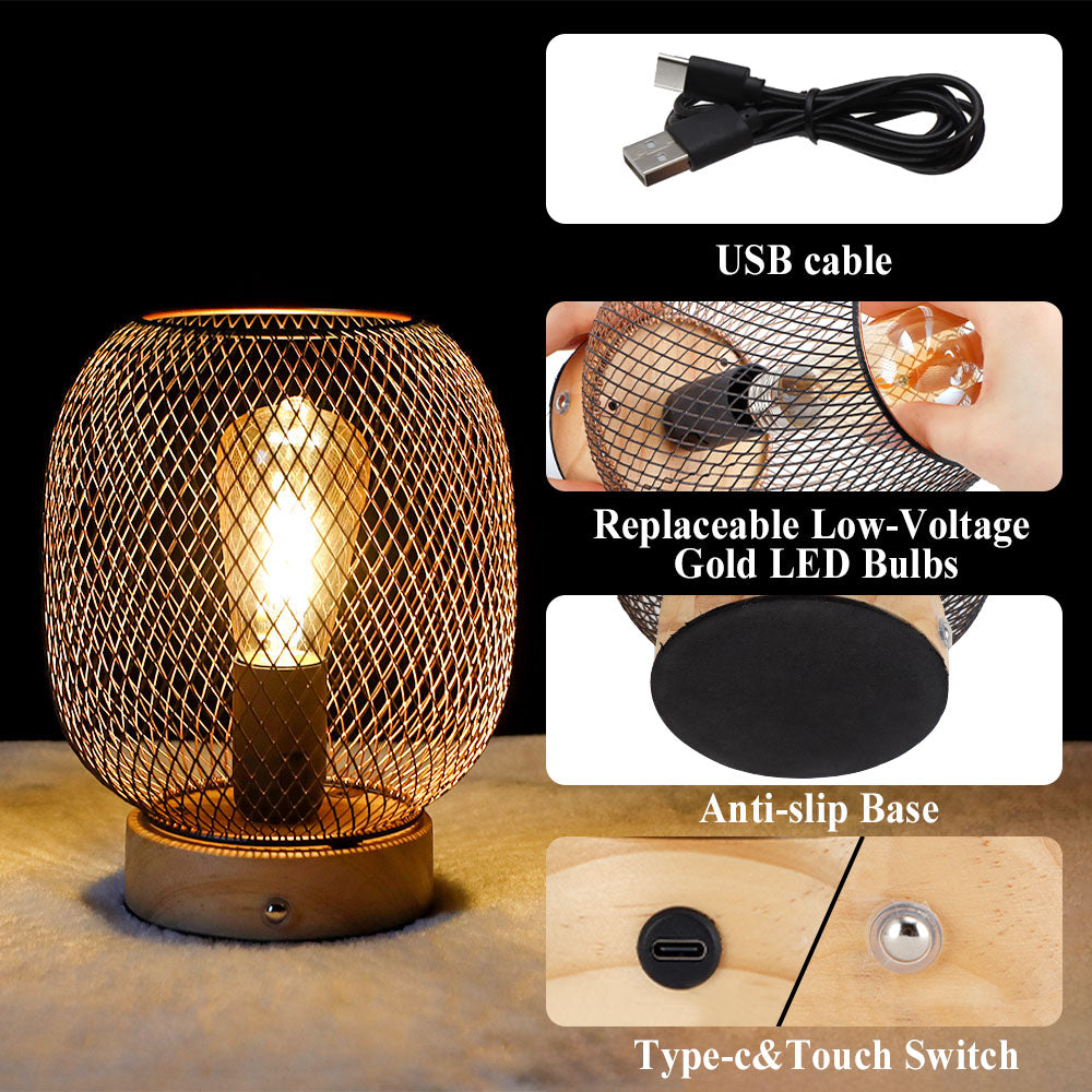 JHY DESIGN Set of 2 Dimmable Touch Bedside Table Lamps 7.5''H Metal Cage Rechargeable Battery Powered Accent Lamps with LED Bulb for Dining Table Parties Patio Indoors Outdoors(Round, Wooden Base) Lootquake LLC