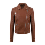 PU Women's Short Leather Oblique Pull Slim Motorcycle Clothing Washed Leather Jacket Pi-Mart