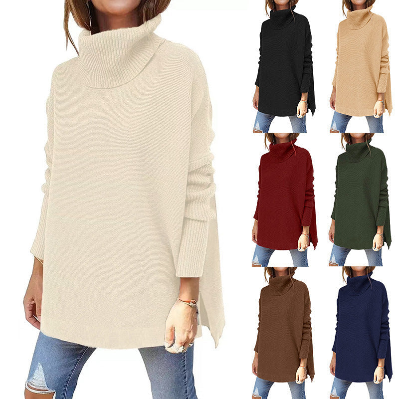 Turtleneck Sweater Mid Length Batwing Sleeve Slit Hem Tunic Pullover Sweaters Winter Tops Women Clothing Pi-Mart