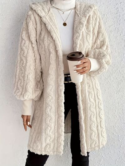 Beige Long Winter Open Front Long Sleeve Fuzzy Hooded Jacket Cozy & Stylish Outerwear Stevvex