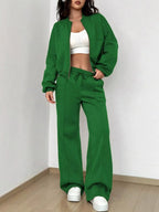 Casual Solid Color Zipper Jacket and Wide Leg Pants Set