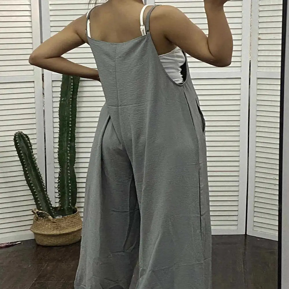 Women's Sleeveless Jumpsuit With Pockets And Adjustable Shoulder Strap Fashion Loose Wide Leg Straight Overalls Summer Beach Trousers - SJB-DIAMOND ELITES
