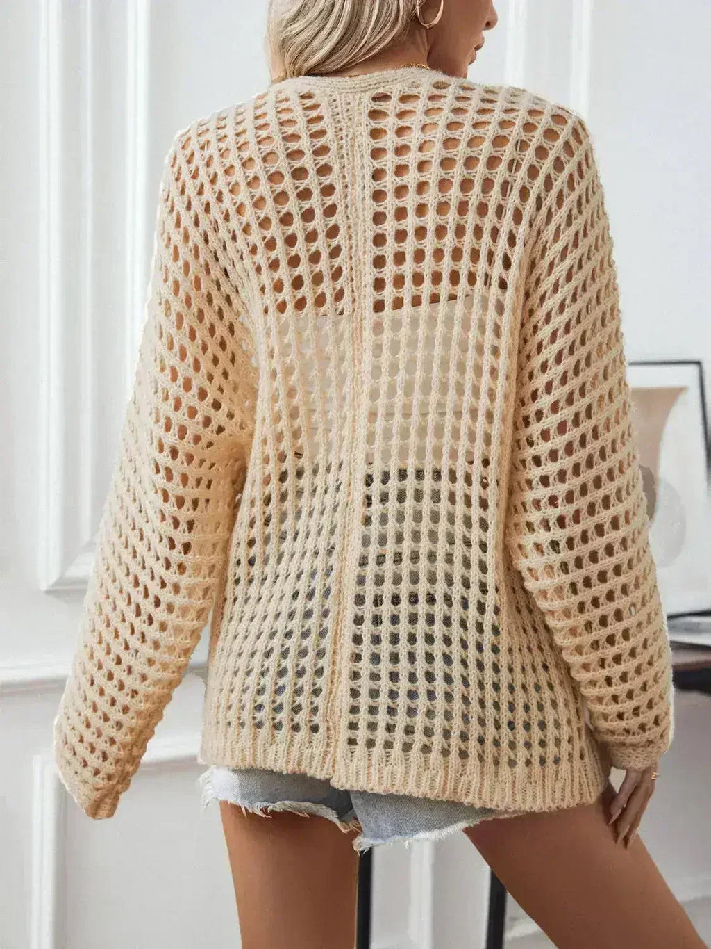 Openwork Open Front Long Sleeve Cardigan - SJB-DIAMOND ELITES