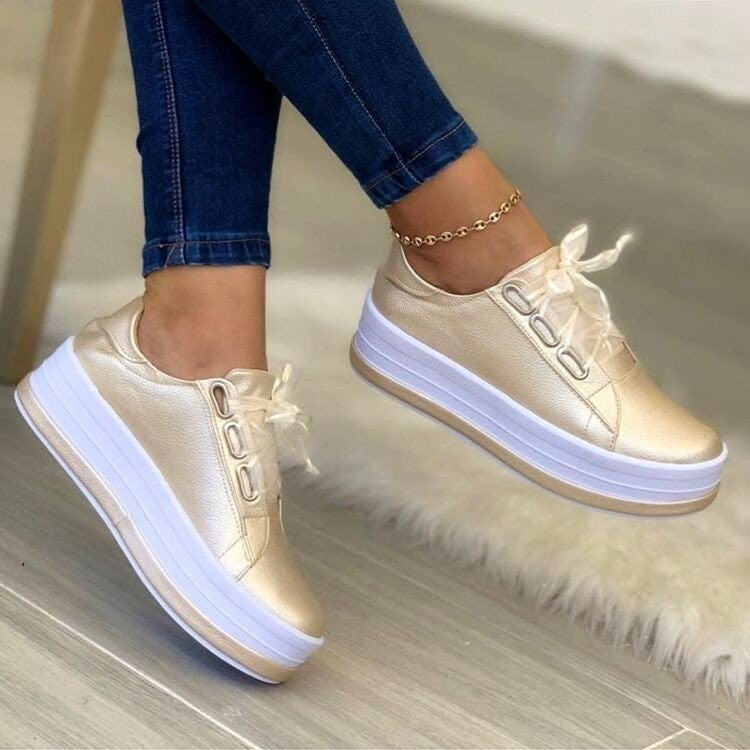 Fashion Flats Sneakers Women Ribbon Lace-up Platform Shoes Pi-Mart