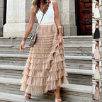 Layered Ruffles Cake Skirt Summer Fashion A Line Swing Mesh Long Skirt Party Dress Women Pi-Mart