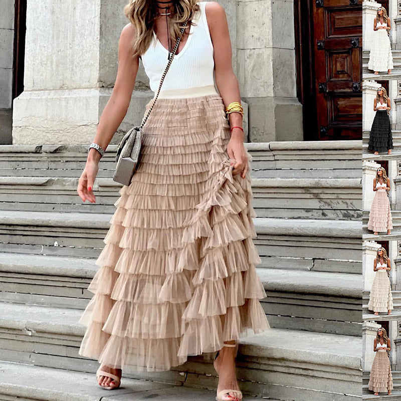Layered Ruffles Cake Skirt Summer Fashion A Line Swing Mesh Long Skirt Party Dress Women Pi-Mart