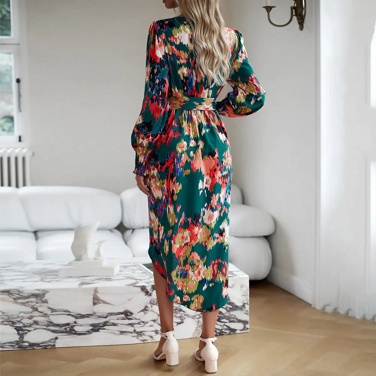 Printed Dress 2023 Autumn Winter Elegant V-neck Dress - SJB-DIAMOND ELITES