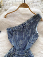Women's Blue Ripped Denim Shorts Jumpsuits 90s Vintage Playsuits Harajuku Off Shoulder Rompers Jeans Pants Ladies Clothes Summer Purplish Diva
