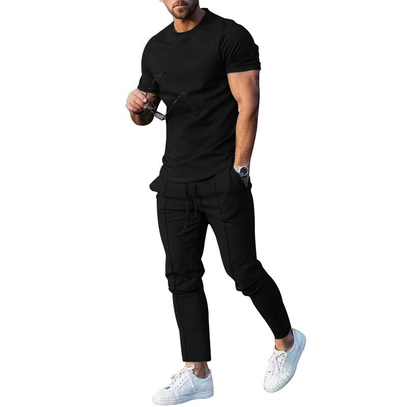 Solid Color Casual Round Neck Short Sleeves T-shirt Trousers Two-piece Set Lootquake LLC