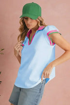 Beau Blue Color Collared V Neck Ruffle Sleeve Blouse | Femstylo