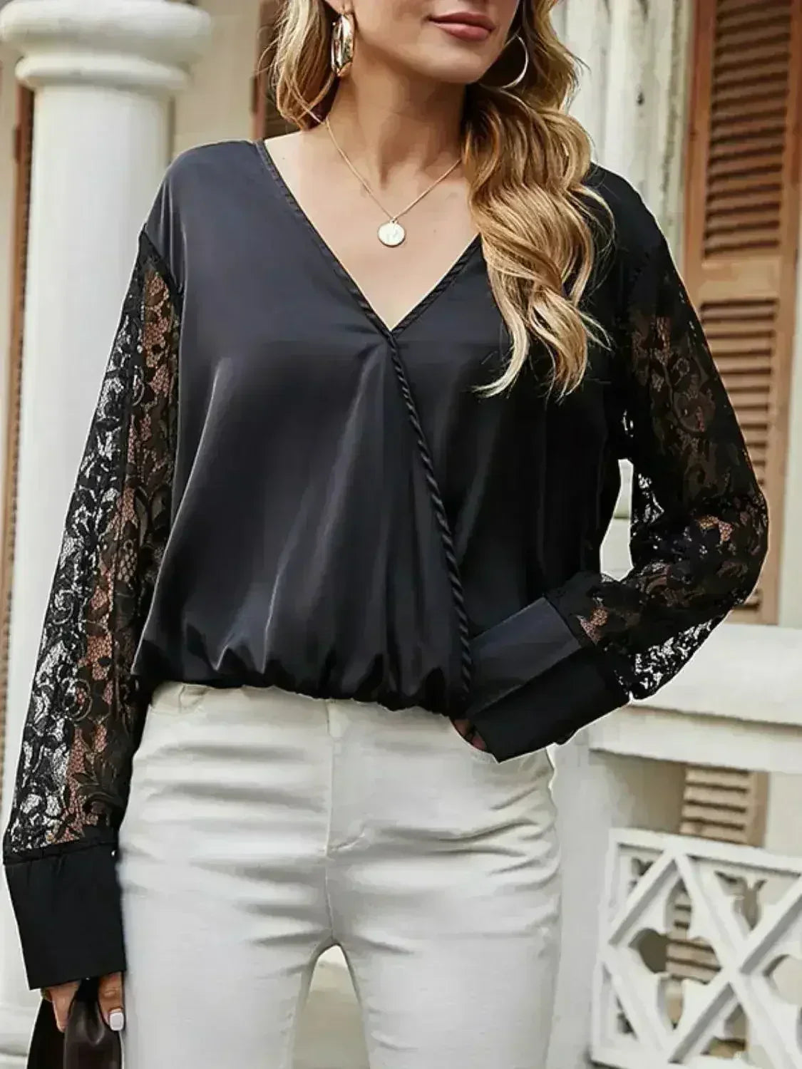 Black Surplice Lace Long Sleeve Blouse | Femstylo - SJB-DIAMOND ELITES