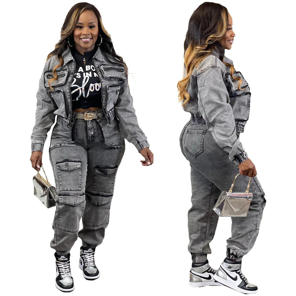 Pant Sets Long Sleeve Women Tracksuit Zipper Denim Coat Cargo Ankle Length Pants Pockets High Street Spliced Slim 2024 Purplish Diva