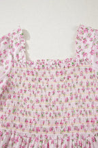 White Frill Neckline Shirred Bodice Floral Maxi Dress