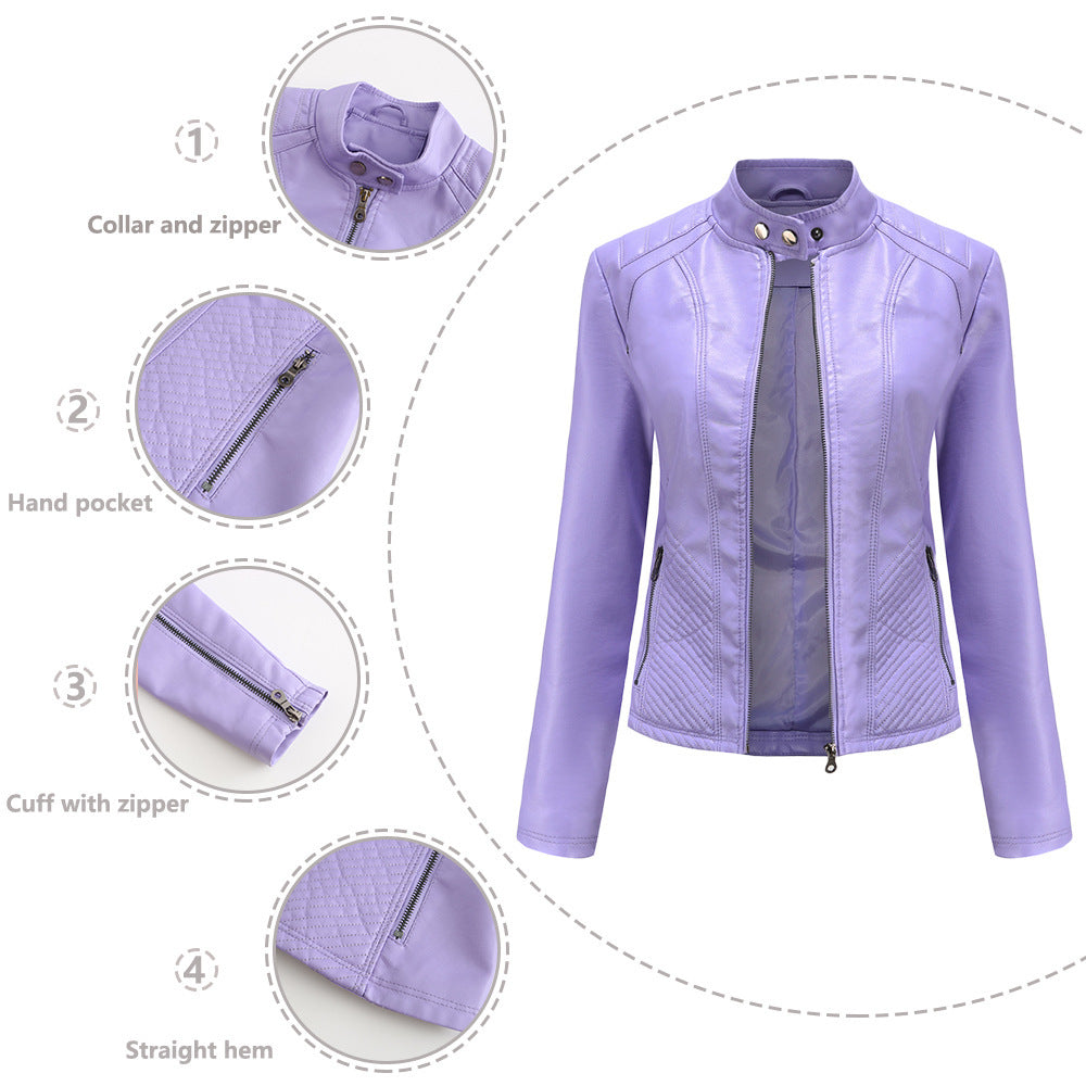 Simple European And American Trend Thin Coat Long Sleeve Motorcycle Jacket Women Pi-Mart