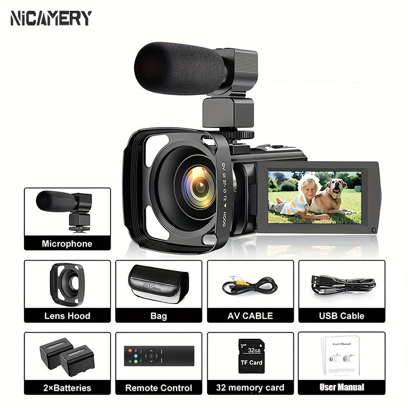 Nicamery 16x Efficient Zoom - 1080P HD Camera with Beauty Anti-Shake, External Microphone Support - Full HD 2400 Pixel Webcam Digital Camera with Remote Control, Lens Hood, 1000mah Batteries 2pcs, Ultra Long Life, 32G TF Card Lootquake LLC
