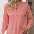 Ladies' Fashion New Button Peach Red Open Neck T-shirt Casual Top - SJB-DIAMOND ELITES