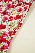 Red Floral Puff Sleeve Tiered Ric Rac Pocketed Mini Dress