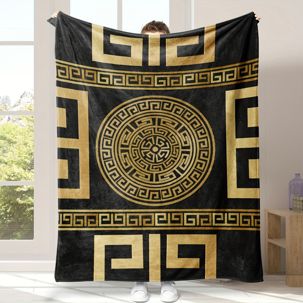 Glam Style Digital Print Flannel Throw Blanket – Hypoallergenic Woven Polyester Cover, All Seasons Multipurpose Bedding with Greek Key Design – No Embellishment, 200-250g Square Weight Lootquake LLC