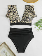 Bikini Black Solid Color Ruffle V Neck 2 Piece Swimsuit for Women – High Waisted Flattering Bikini Set with Lettuce Trim Bottoms – Sleek Stretchy Fabric Swimwear for Beach Days Poolside Style and Summer Vacation Looks