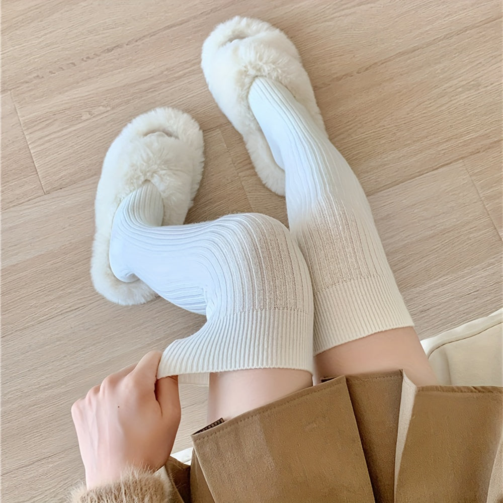 Women's Solid Ribbed Over-the-Knee Socks, Comfy & Warm Thicker Thigh High Socks Lootquake LLC