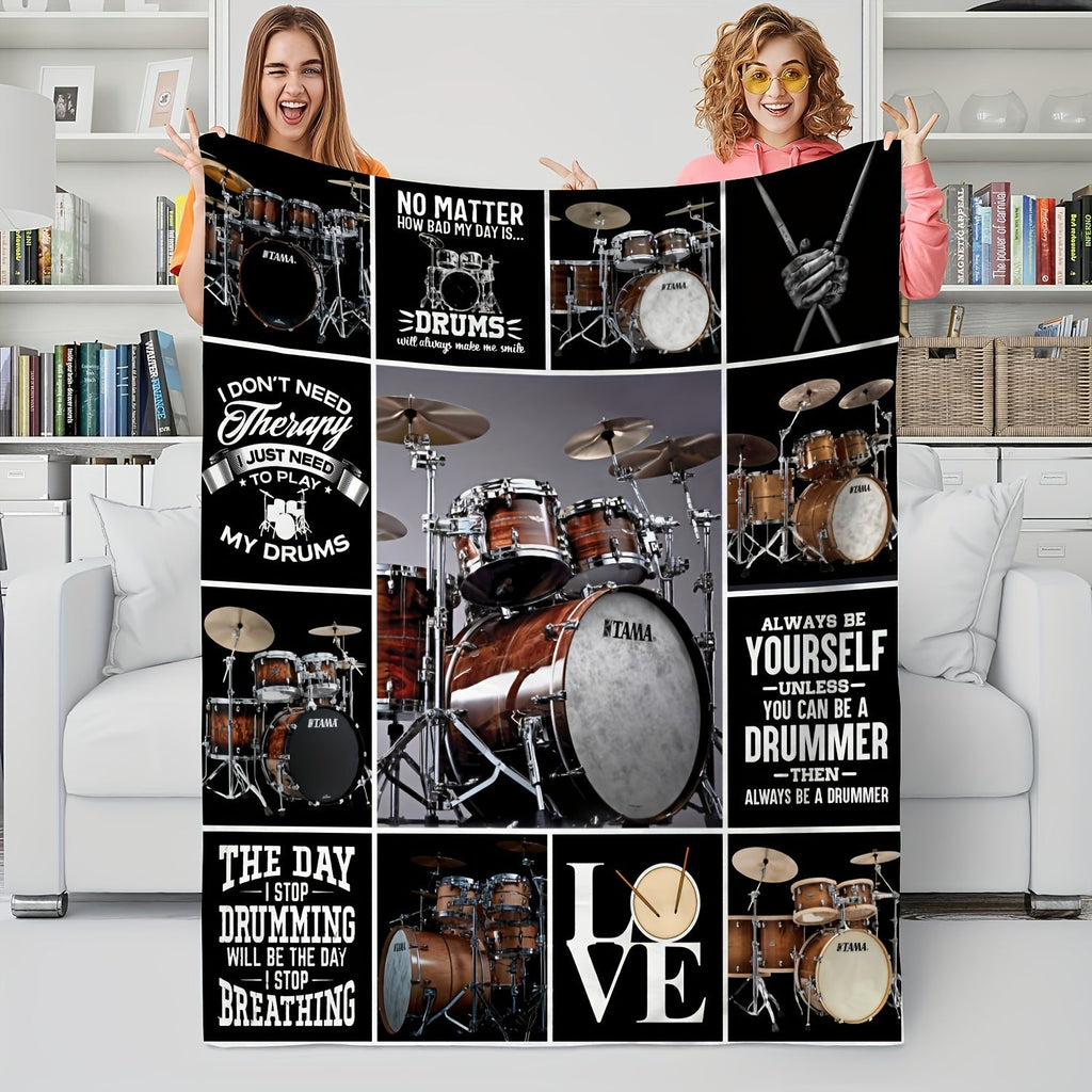 1pc Drum Set Themed Fleece Blanket, Musical Passion Gift, Soft Cozy Music Lover Throw, Bedroom & Living Room Decor, Drummer Inspirational Quotes, Black & White