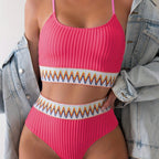 Bikini Scoop Neck High Waist 2 Piece Swimsuit for Women – Chic Solid Color Bikini Set with Contrast Band Detail – Stretchy Comfortable Flattering Swimwear for Beach Pool and Summer Vacation Stevvex