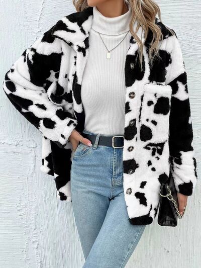 Trendy Black White Cozy Cow Print Collared Neck Button Up Fuzzy Jacket Modern & Warm Outerwear Stevvex