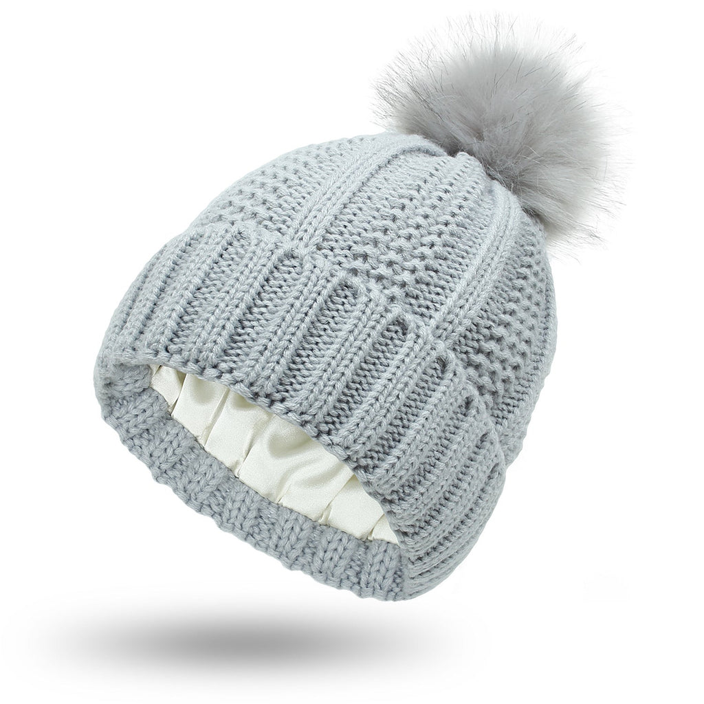 Fashion Stretchy Satin Lined Skull Knit Hats Beanie Hat For Women Faux Fur Pom Pom Hat Winter Keep Warming Beanie Hat Pi-Mart