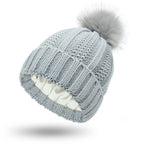 Fashion Stretchy Satin Lined Skull Knit Hats Beanie Hat For Women Faux Fur Pom Pom Hat Winter Keep Warming Beanie Hat Pi-Mart