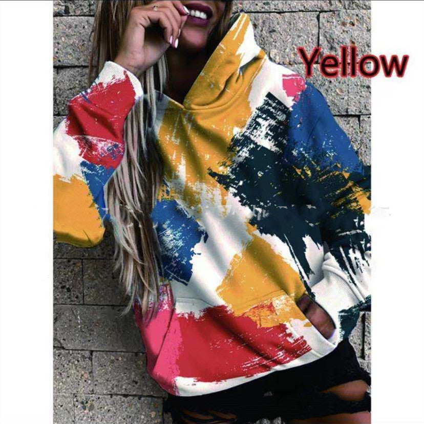 Loose Long Sleeve Pocket Print Hooded Sweatshirt