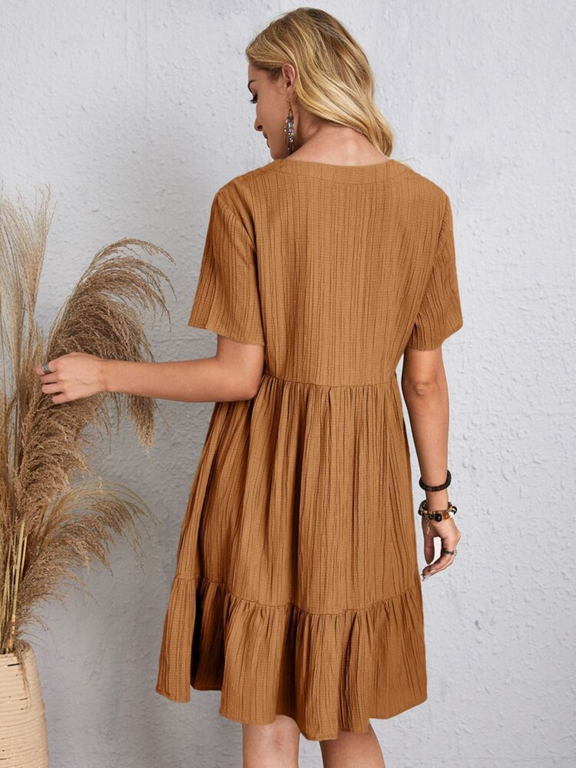 Classic Full Size V-Neck Short Sleeve Dress Casual & Comfortable Dress for Women Stevvex