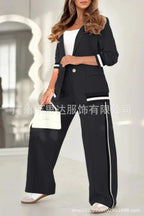 Women Suit Jacket 2 Piece Sets Striped Blazer Coat Turn Down Collar Single Breasted Wide Leg Pants Ensemble Office Lady Outfits Purplish Diva