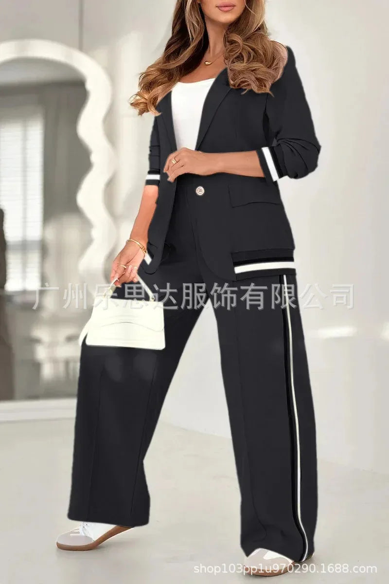 Women Suit Jacket 2 Piece Sets Striped Blazer Coat Turn Down Collar Single Breasted Wide Leg Pants Ensemble Office Lady Outfits Purplish Diva