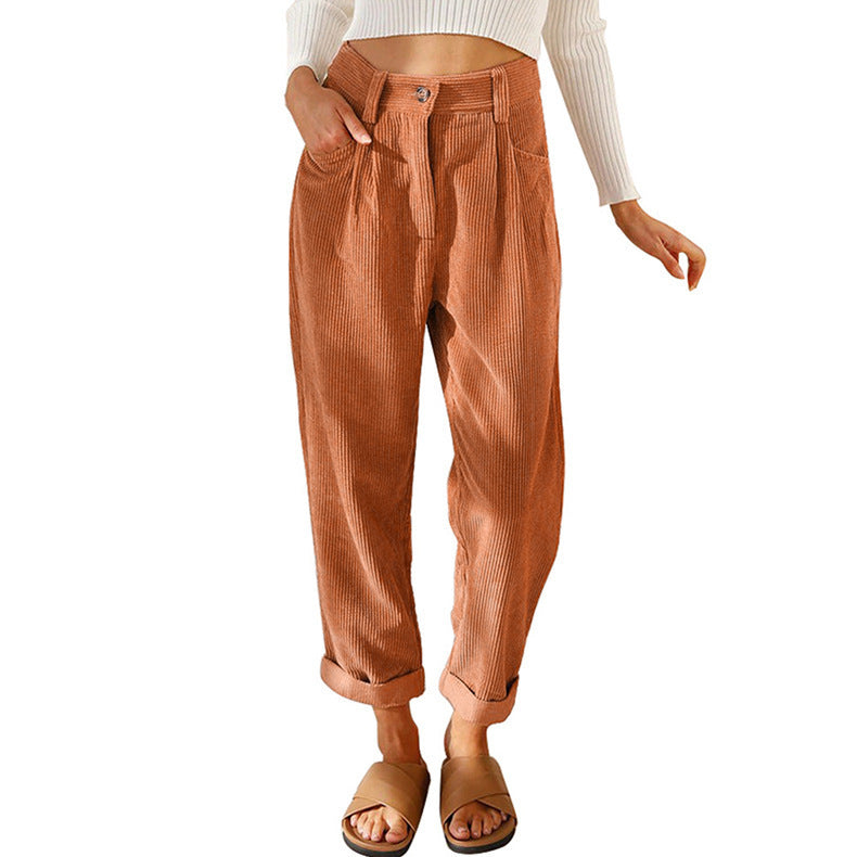 Women's High Waist Pure Color Corduroy Casual Pants Pi-Mart