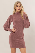 Glitter Mock Neck Long Sleeve Mini Dress – Sparkling Mock Neck Dress, Elegant, Flattering, Glitter Knit Dress, Elegant Mini Dress, Long Sleeve Party Dress, Statement Evening Dress