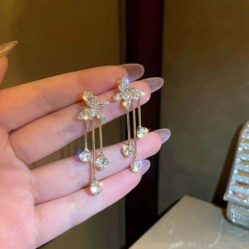 Fashion Jewelry Shiny Butterfly Rhinestone Drop Dangle Earrings Women Elegant Long Pearl Tassel Chain Pendant Party Jewelry Pi-Mart