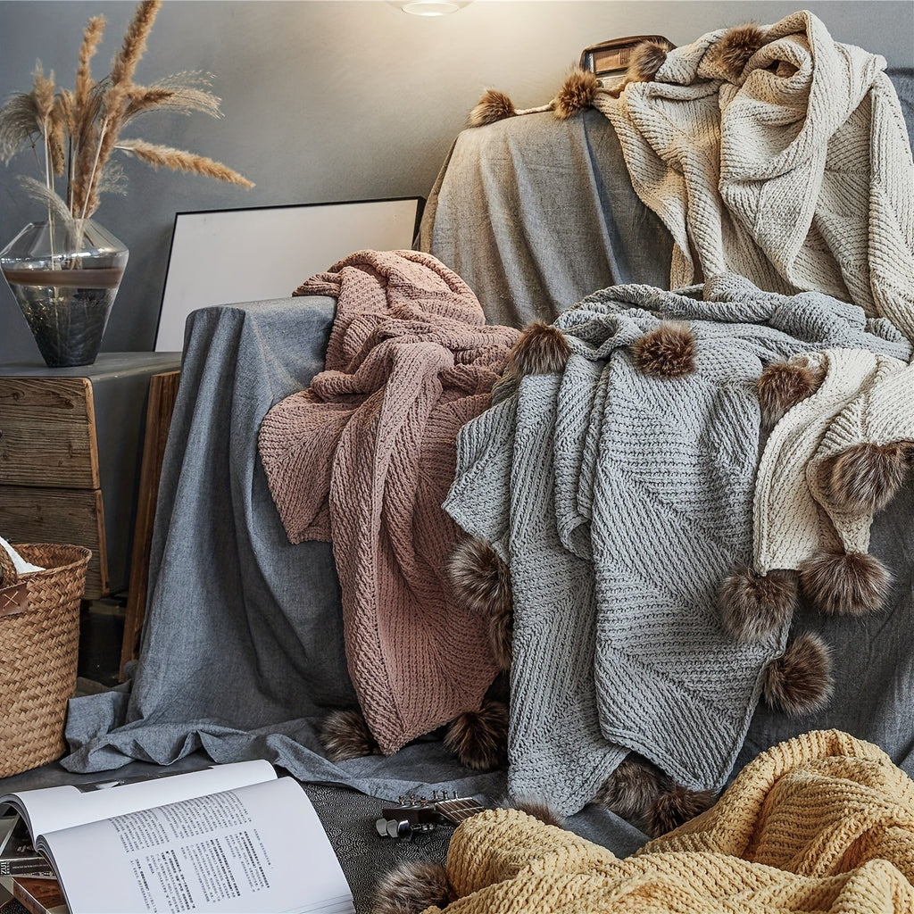 Vintage Chunky Knit Throw Blanket with Pom-pom Embellishment, Space Theme, All Seasons Polyester Cover, Knitted Casual Office Living Room Bedroom Nap Sofa Bed End Blanket 1PC Lootquake LLC