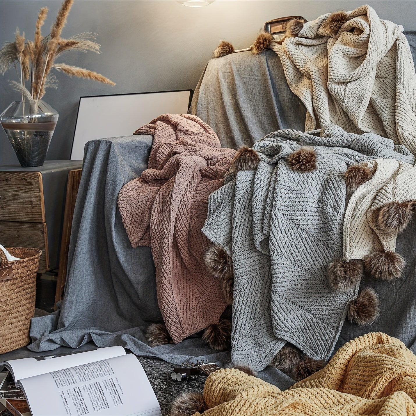 Vintage Chunky Knit Throw Blanket with Pom-pom Embellishment, Space Theme, All Seasons Polyester Cover, Knitted Casual Office Living Room Bedroom Nap Sofa Bed End Blanket 1PC Lootquake LLC