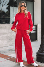 Varsity Stripe Crewneck Pullover and Sweatpants Set THRIXINE