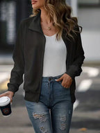 Simple White Zip Up Collared Neck Raglan Sleeve Jacket Comfortable Versatile Casual Women Wear Stevvex