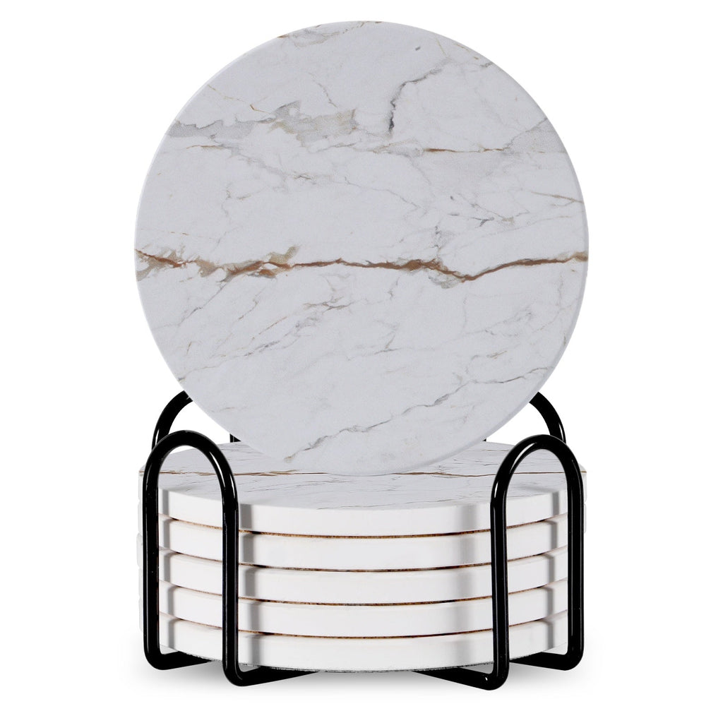 Set Of 6 Beverage Coasters With Stand Round 4in Ceramic Coaster With Metal Stand Absorbent Marble Stone Coaster With Cork Base Pi-Mart