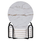 Set Of 6 Beverage Coasters With Stand Round 4in Ceramic Coaster With Metal Stand Absorbent Marble Stone Coaster With Cork Base Pi-Mart