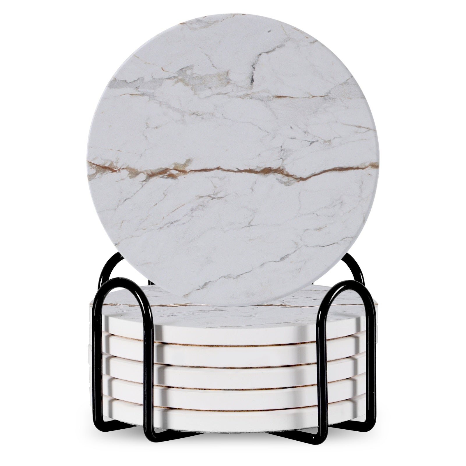 Set Of 6 Beverage Coasters With Stand Round 4in Ceramic Coaster With Metal Stand Absorbent Marble Stone Coaster With Cork Base Pi-Mart