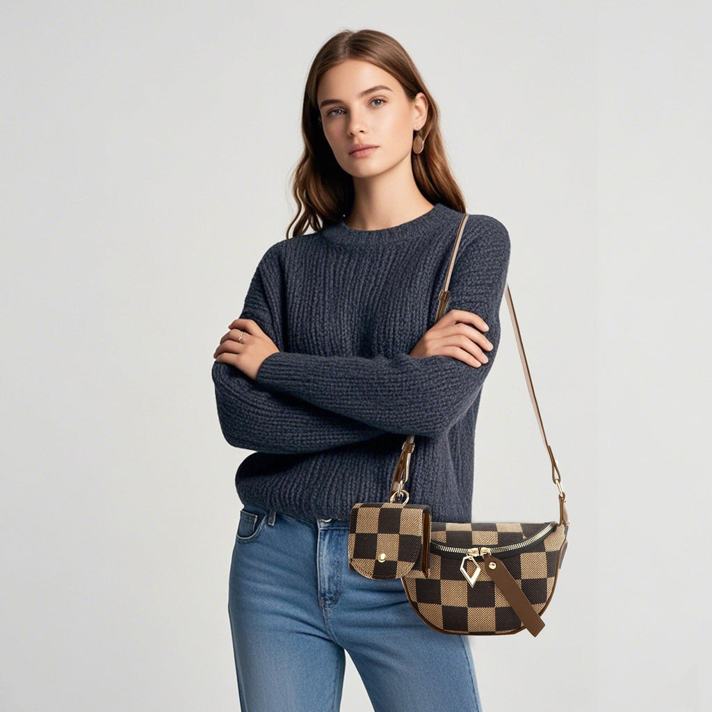 Small Crossbody Bag – Versatile Commute with Checkerboard Canvas, Compact Earphone Bag, Stylish 2-in-1 Chest Bag & Fanny Pack for Everyday Use - SJB-DIAMOND ELITES