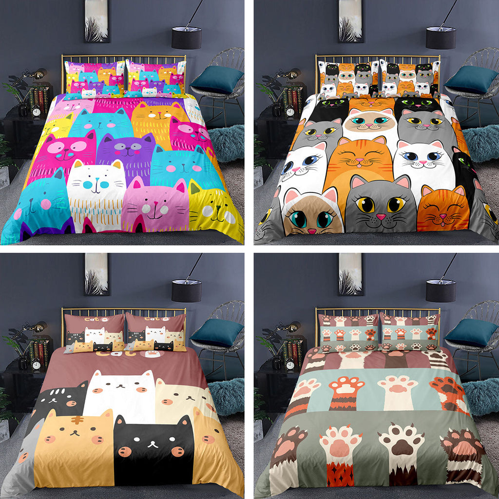 Cartoon Animal Kitten 3D Digital Printing Three-piece Duvet Cover Sheet Set Pi-Mart