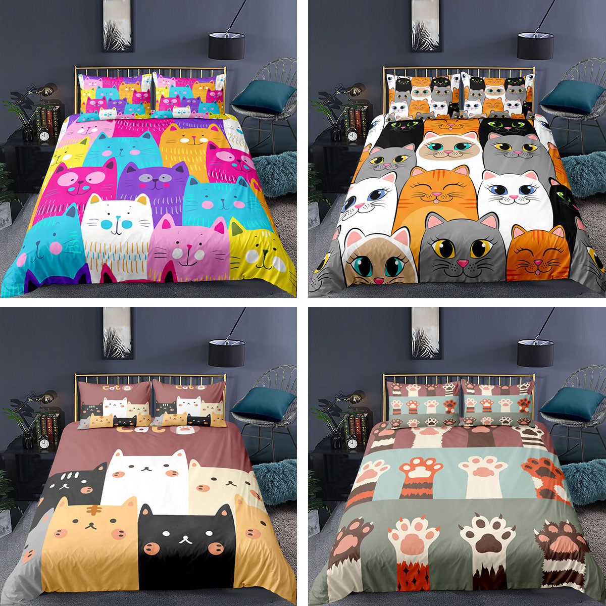 Cartoon Animal Kitten 3D Digital Printing Three-piece Duvet Cover Sheet Set Pi-Mart