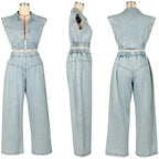 Streetwear Denim Set Women 2 Piece Set Outfit Jean Zipper Turn-down Collar Cropped Top and Loose Wide Leg Pants Matching Sets Purplish Diva