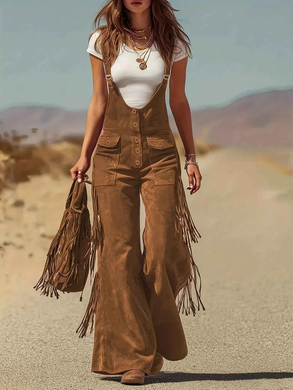 Fringe Corduroy Button Front Overalls THRIXINE