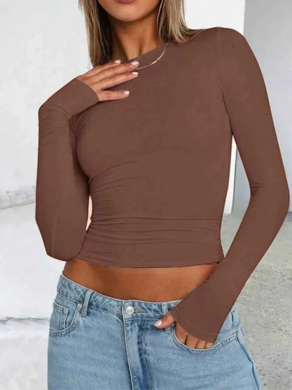 Solid Color Round Neck Long Sleeve T-Shirt THRIXINE